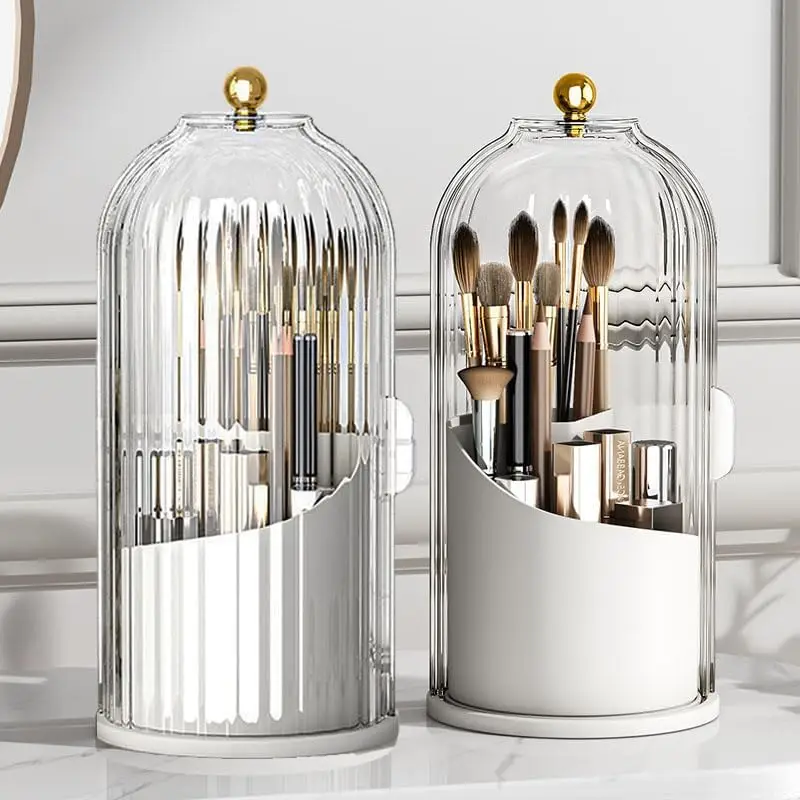 Makeup Brush Holder Organizers with Transparent Door Lid,360 Rotating Clearance Makeup for Vanity Bathroom, Desktop Countertop Storage, Make up Contai
