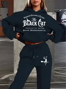 Halloween Hoodie Set, Cat Witch Moon Print, Dark Mystic Style, Fitted Knit Sweatshirt & Sweatpants, Fall Winter Casual Wear, Women
