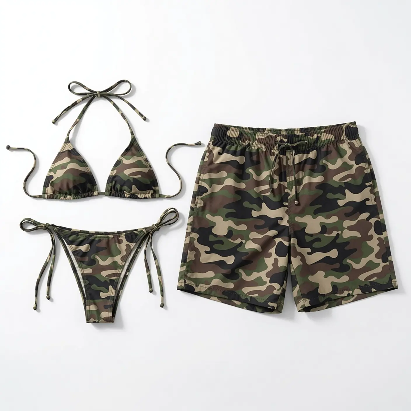 Green Camo Matching Couple Swimwear Set, Camouflage String Bikini and Hawaiian Shorts for Women Men, His and Hers Summer Beach Vacation Pool Party Outfit Gift