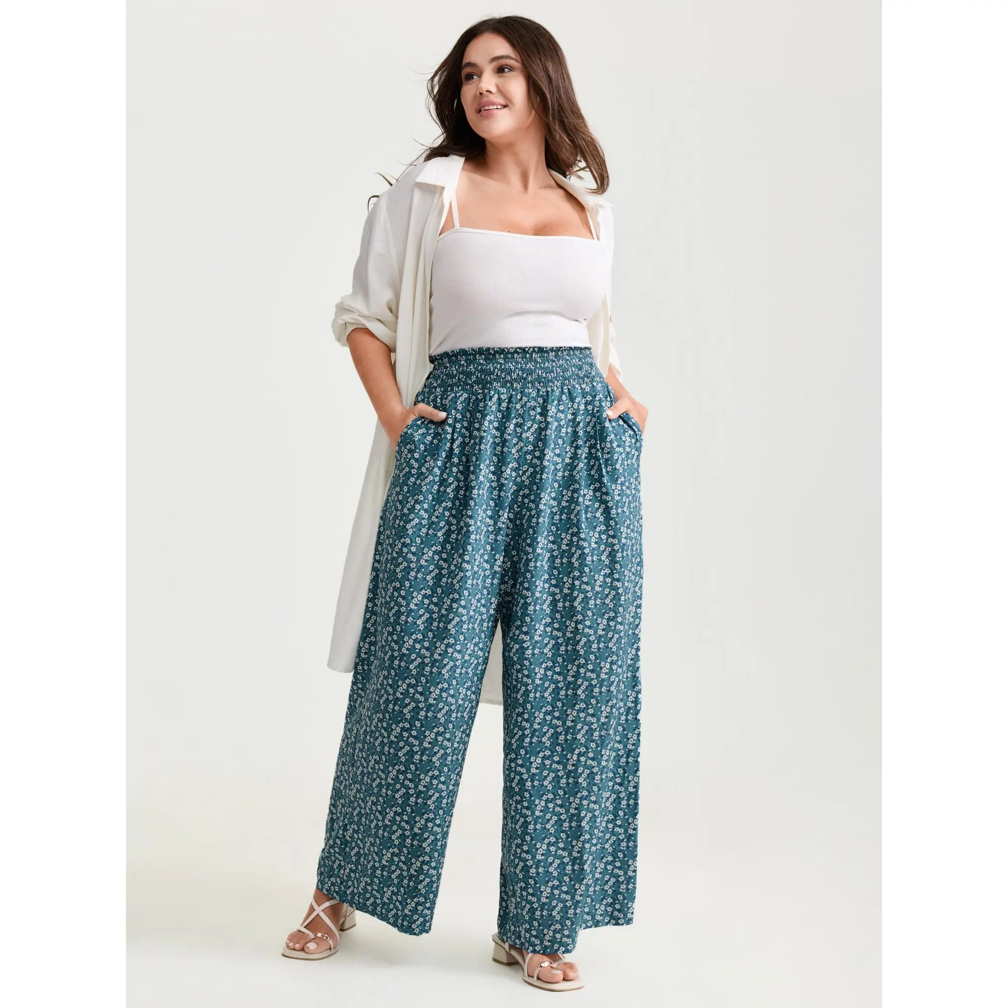 BloomChic Women's Plus Size Ditsy Floral Print Wide-Leg Pants, Casual Mid Rise with a Shirred Ruffle Waist and Pockets, Spandex, Smooth, Lady, Trouser, Plus Size Basics, Mom, 14-16/1X, Non-Belt, Machine Wash