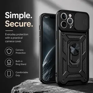 Suitable for iPhone 15, 14, 13, 12, 11, 16, 17 Pro Max, Plus mobile phones. Camera sliding device protective case, equipped with a ring-shaped bracket.