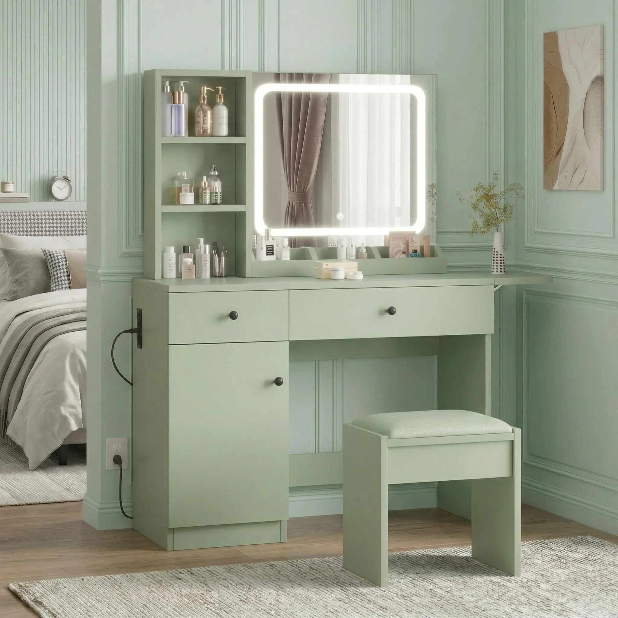 Makeup Vanity Desk w/ Mirror& Power Outlet & Storage Chair – Modern Dressing Table with Drawers & Shelves for Bedroom