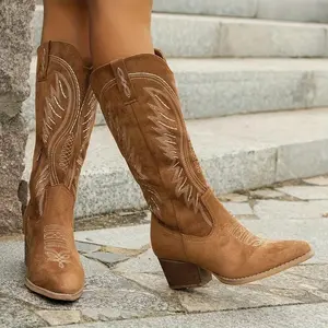 Women's Chunky Very Cowboy Boots, Fashion Point Toe Dress Boots, Women's Stylish Mid Calf Boots Walking Shoes Girl
