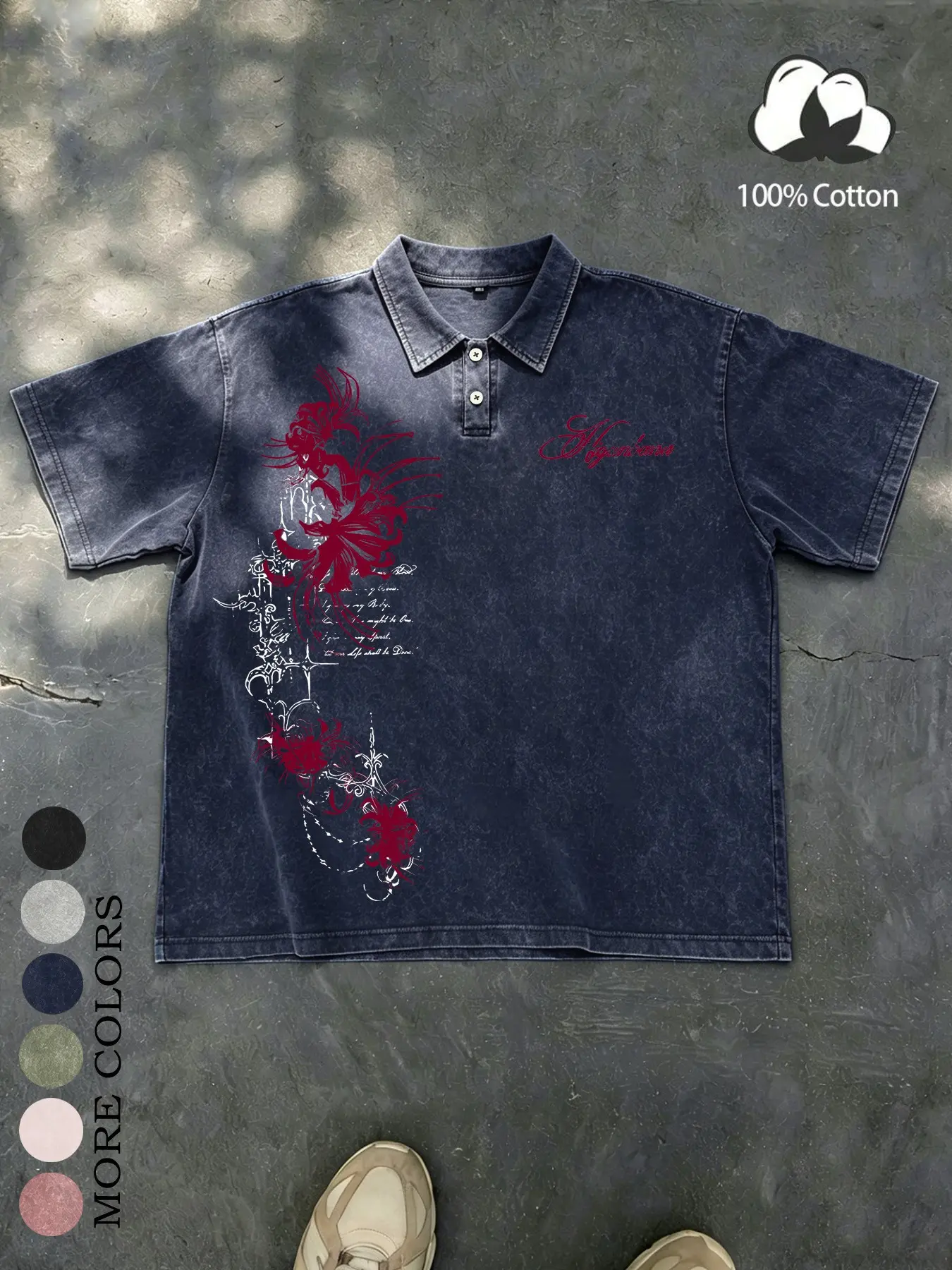 Unisex Dark Gothic High Street Casual Relaxed Fit 100% Cotton Washed Vintage Floral & Spider Print Oversized Polo T-Shirt, Y2K American Retro Streetwear
