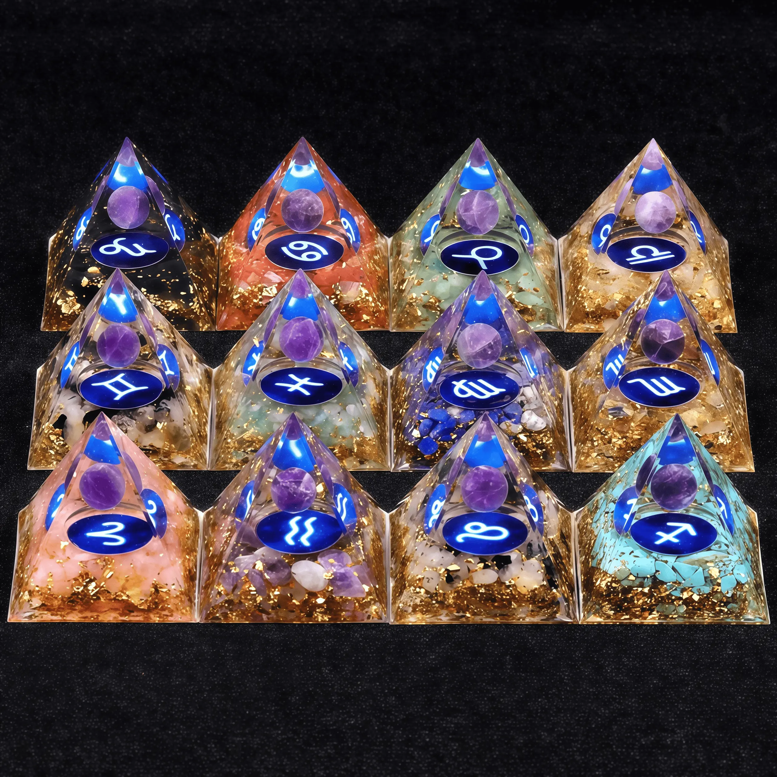 Amethyst Crystal Pyramid Desk Ornament, Zodiac Resin Pyramid Decor, Healing Crystal Ball, Spiritual Positive Energy Gift, Astrology Aesthetic Room Decor, Unique Boho Witchy Desk Accessories, Meditation Home Office Decor milky quartz
