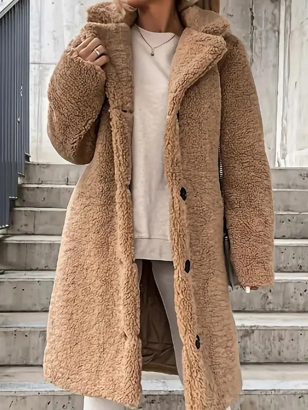 Solid Teddy Fall & Winter Coat, Casual Button Front Long Sleeve Outerwear, Women's Clothing