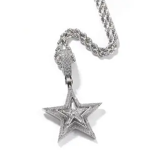 New European style hip hop inset zircon rotating five-pointed star pendant necklace   trend street jewelry
