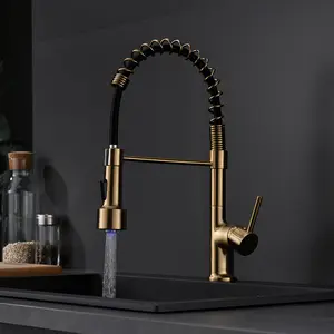 Commercial LED Kitchen Faucet with Pull Down Sprayer, Single Handle Kitchen Sink Faucet, High Arc Gooseneck Faucet with 360° Rotation, Stream & Spray Dual Function Kitchen Faucet for Farmhouse Laundry Room Restaurant Camper Trailer