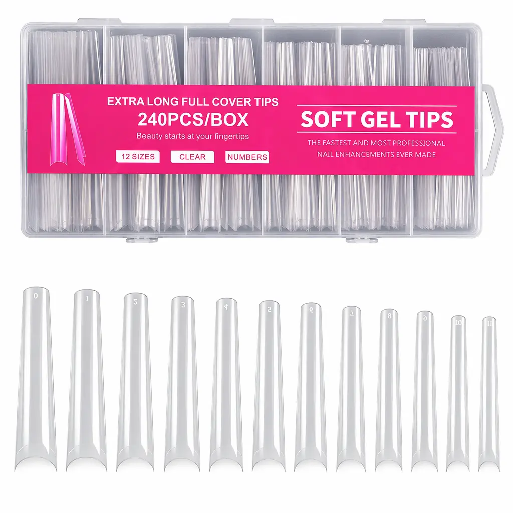 240Pcs 12 Sizes Long Coffin Soft Gel Nail Tips, Pre-Shaped 3XL Clear Acrylic Fake Nail Extensions, Reusable Press On Nails for Salon & Home DIY Nail Art
