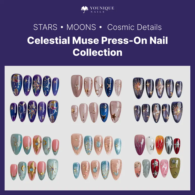 Younique Nails CREATIVE RHINESTONE COLLECTION Handmade Reusable Acrylic Set Kit Luxury Glossy Press-On Salon Quality Fake Press On Tip Week Wear Short Sea Blue Floral Detail Pink Base Nude French Design Eye Cat Mixed Different Size Ultimate Gift