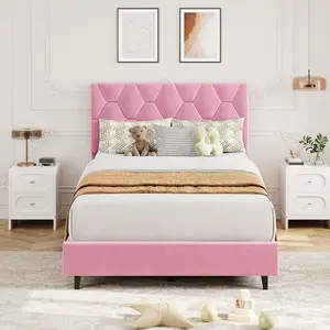 Pink Twin Upholstered Bed Frame with Adjustable Headboard, Heavy-Duty Sturdy Platform Bed, Strong Wooden Slats, No Box Spring Needed, Noise-Free, Easy Assembly