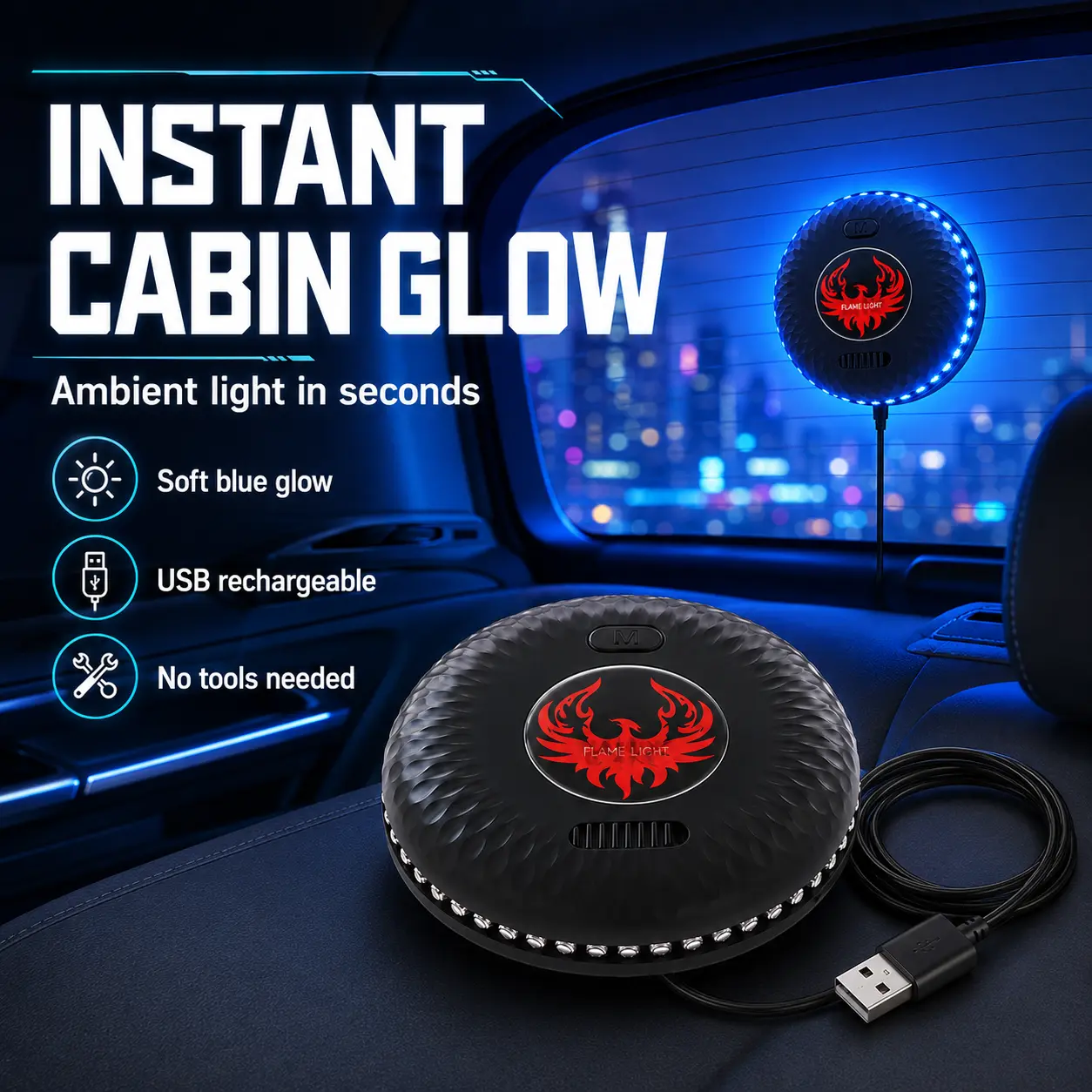 Flame Light Portable Car Ambient Light, Soft Blue Glow LED Interior Cabin Lamp, USB Rechargeable Car Rear Window Atmosphere Lighting, No Tools Needed Wireless Night Light Decor Accessories for Car SUV Truck