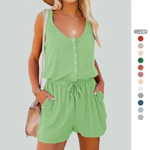Imily Bela Women's Summer Scoop Neck Sleeveless Button Down Tank Top Rompers Elastic Waist Shorts Outfits with Pockets