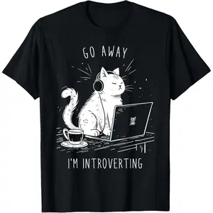 100%cotton Antisocial Introvert Cat with Coffee on Computer Emo Goth T-Shirt for Men Women