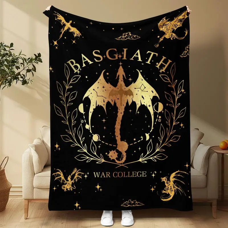 Fourth Wing Basgiath War College Inspirational Fantasy Throw Blanket - Gold Dragon Emblem, Constellation Design, Book-Inspired Gift for Readers, Throw Blankets, Inspirational Blanket