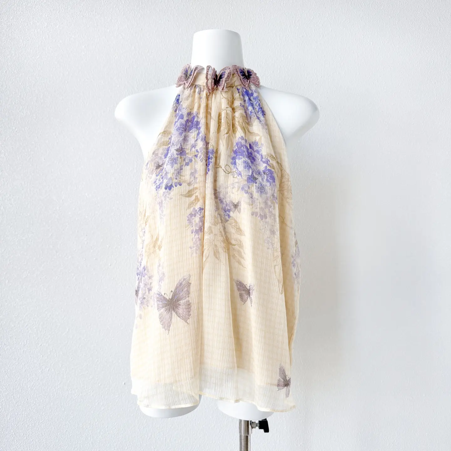 Indigo Wisteria Print Halter Neck Sleeveless Blouse