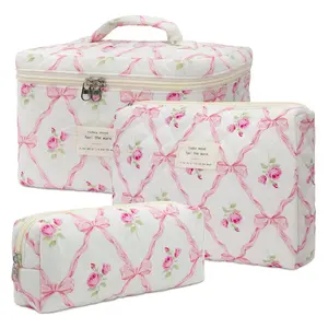 3Pcs Quilted Makeup Bag Set, Pink Bow Rose Print Cosmetic Bag, Large Travel Toiletry Organizer, Aesthetic Pencil Case for Women Girls