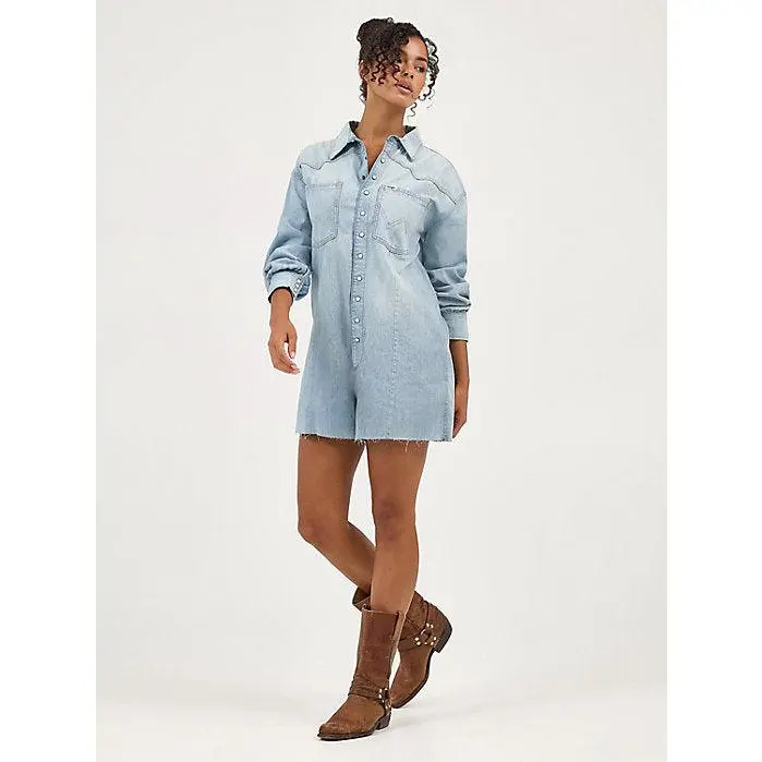 Wrangler Punchy Snap Up Romper, Women, Long Sleeve, Short, Fit
