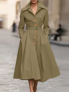 Women's Basic Plain Solid Long Sleeve Belted Button Shirt Dress, Chic Elegant Casual Fitted Design with Pockets, Perfect for Daily, Office, Parties, All Seasons, Casual Wear, Womenswear
