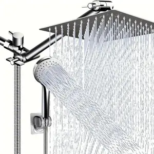 High Pressure Rainfall Shower Head & Handheld Shower Combo, 11'' Adjustable Extension Arm, 5 Spray Settings, Anti-Leak Design, Chrome/matte Finish