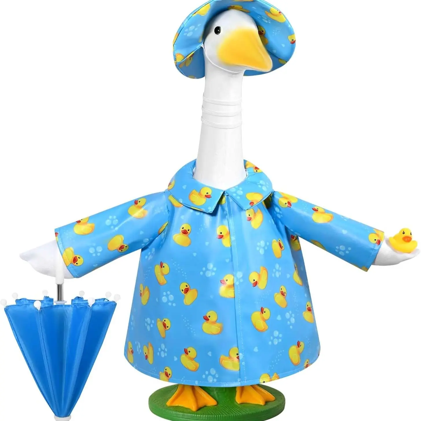 23-Inch Porch Goose Raincoat Set, Rainproof, Waterproof Raincoat, Blue Base Duck Pattern, Includes Hat and Umbrella, Perfect for Decoration and Costume, Rainy Days