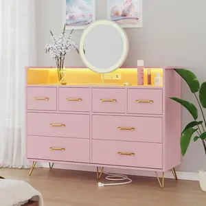 ​Pink Modern 8-Drawer Dresser with Charging Station & RGB Lights | Wide Bedroom Dresser Chest with 3 Outlets + 2 USB Ports, App-Controlled LED Lighting for Gaming Setup & Makeup Vanity Cupboard Furniture Storage Sideboard