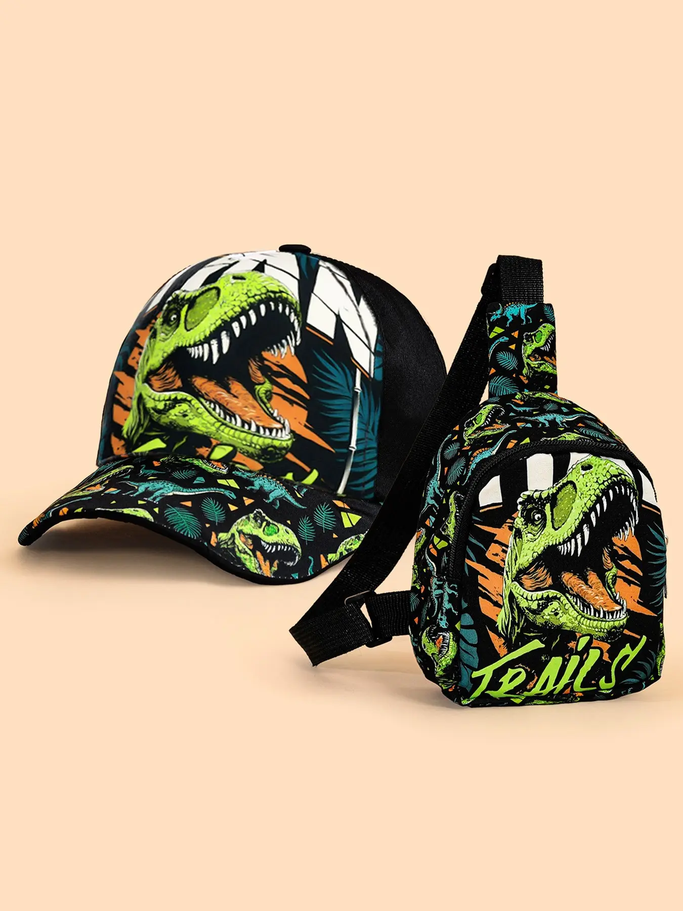 2pcs Kids Dinosaur Print Baseball Hat + Small Crossbody Sling Bag Set, Animal Hats, Adjustable Strap, Fashionable for Boys Aged 3-6, Perfect Gift