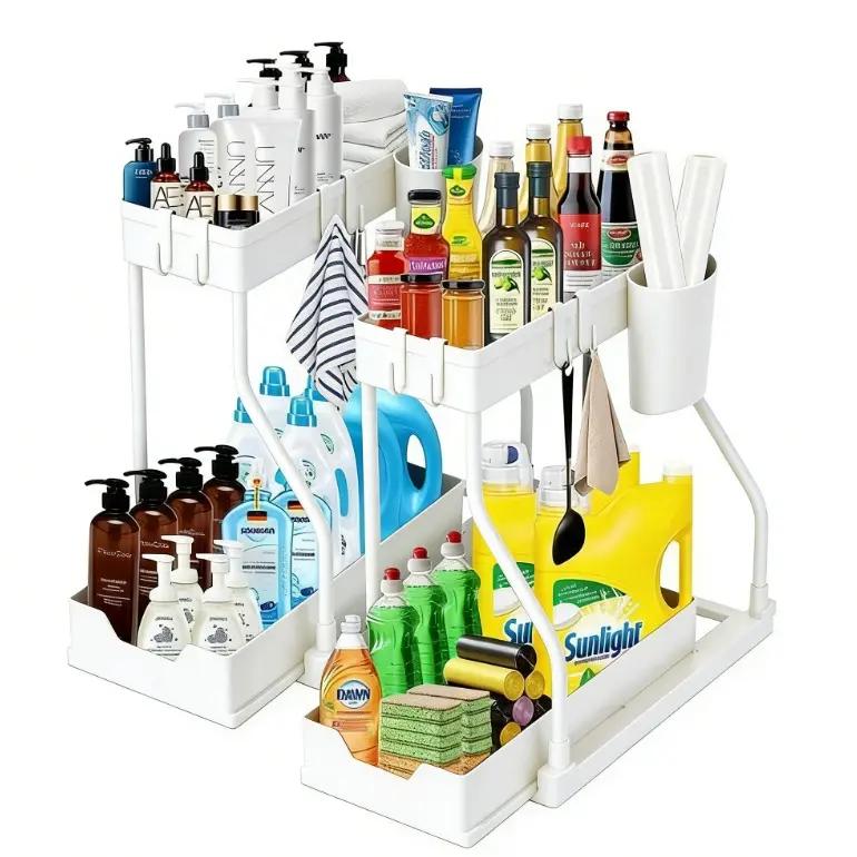 Under Sink 2-Tier Sliding Organizer with Frame, Pull-Out Storage Basket, Space-Saving for Kitchen, Bathroom, Laundry Room