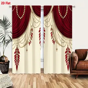 2D Flat Richly Decorated 2-Piece Stage Curtain Set, Deep Crimson Burgundy with Gold Cream Accents, U-Shaped Peak Draped Folds, Gold Chains Beads Teardrop Ornaments, Red Leaf Motifs, Light Beige Backdrop for Theatrical Formal Events
