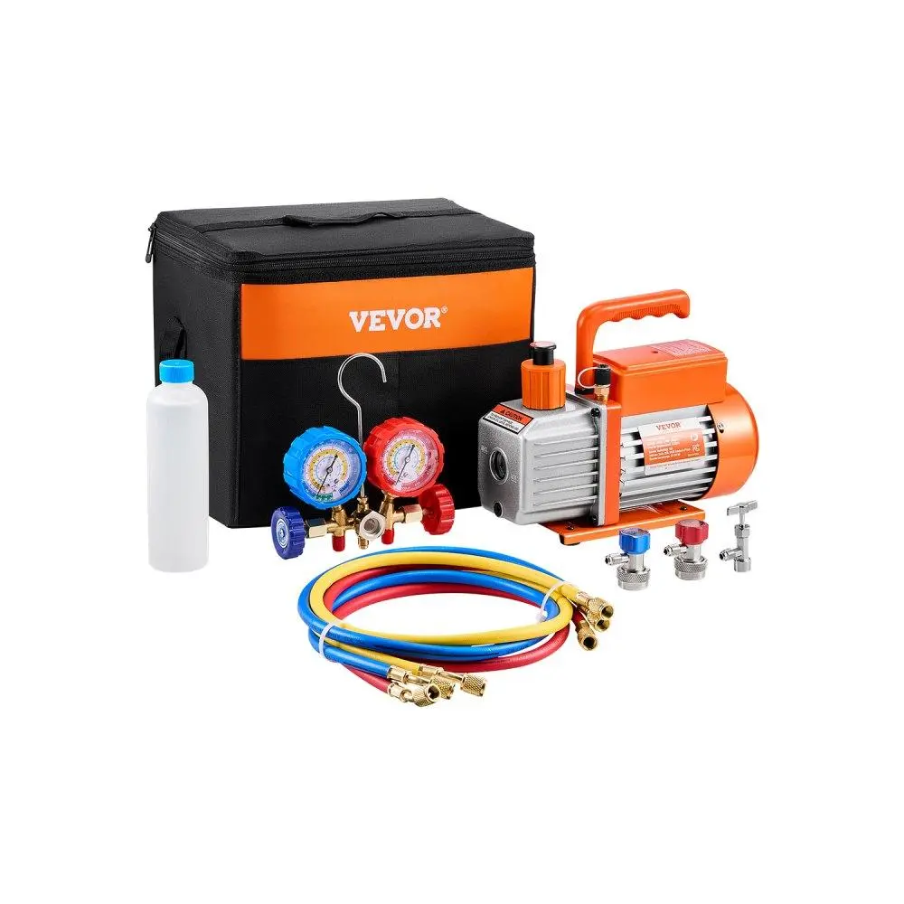 【summerfinds】VEVOR 3.5 CFM Single-Stage Rotary Vane Copper Portable AC Vacuum Pump & Gauge Kit, HVAC Automotive Refrigerant Manifold Tool with Hoses for R134a,R12,R22 - Father's Day Gift