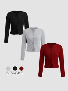 Women's Solid Button Front Ribbed Tee, Casual Long Sleeve Round Neck T-shirt for Spring & Fall, Ladies Clothes for Daily Wear
