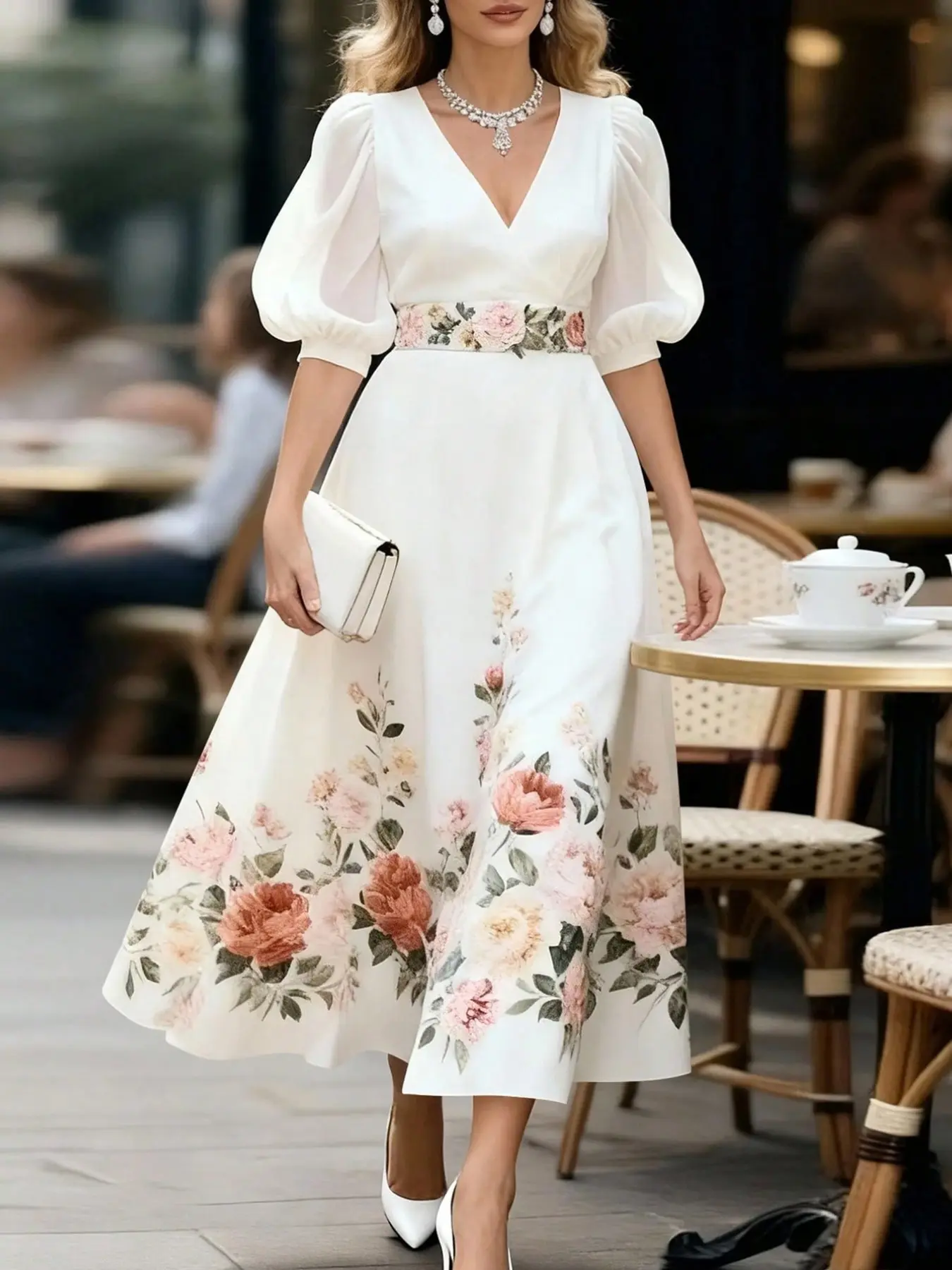 French Chic Floral Rose Print Fabric Lightweight V-Neck Long Dress, Puff Sleeve Waist-Cropped, Feminine Elegant Slim Fit for Evening Dates, Tea Parties, Weddings, Vacations, Elegance