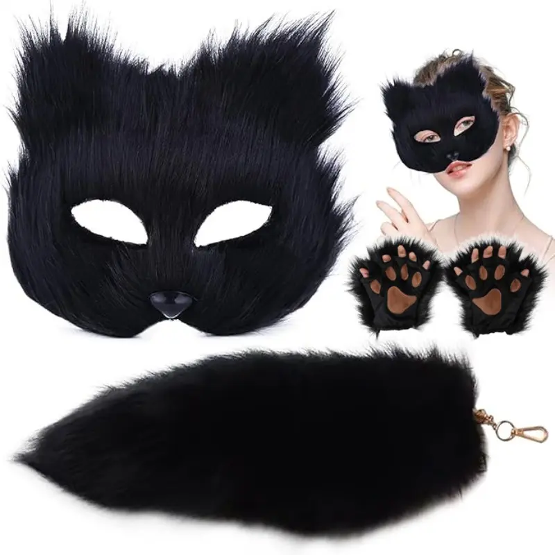 4-Piece Fox Cat Costume Set, Artificial Leather Mask, Fluffy Gloves, Soft Tail, Role Play Party Props, Halloween Christmas Decor, Cosplayers