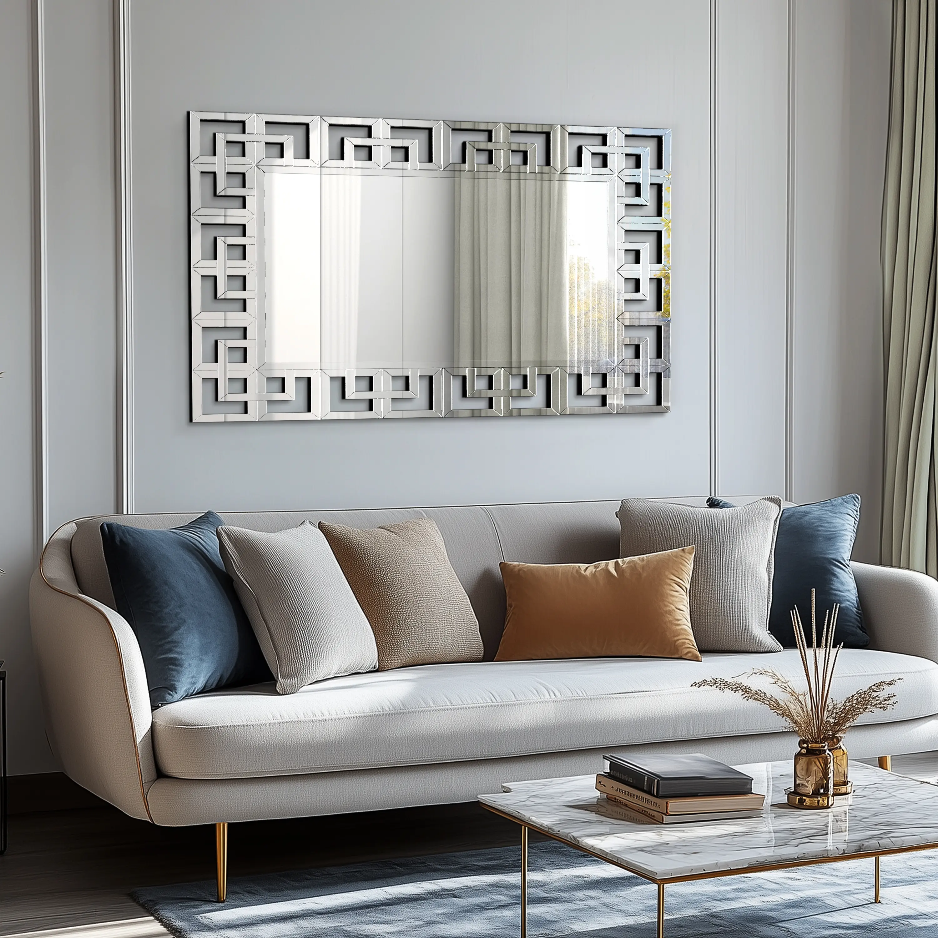 Silvery Grecian Venetian Geometric Wall Decorative Mirror, Beveled Glass Mirrored Rectangular Frame, MDF Backing, Horizontal Rectangle Tropical Home Decor with Sharp Reflection for Hanging