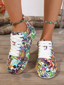 Vintage Newspaper Graffiti Print Women's Casual Sneaker Shoes, Spring Fall New Fashion, Thick Sole Waterproof Anti-Slip, Comfortable Breathable Lightweight