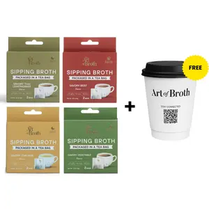 The Art of Broth Sampler Pack | 8 Single-Serve Broth Bags | 4 Flavors | Biodegradable Tea Bag | Chicken Beef Vegetable Thai Lemongrass | Satisfies Hunger | Calming Healthy Snack | Bone Broth Alternative | Plant-Based | No Caffeine | Unparalleled Flavor