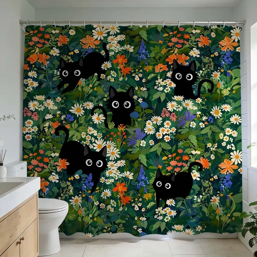 1 Pc Black Cat Pattern Shower Curtain, Decorative Shower Curtain, Bathroom Accessory, Home Goods, for Botanical Bathroom Makeover Featuring Vibrant Floral Designs and Playful Kitty Accents Ideal for Home & Nature Inspired Decor Stylish Design