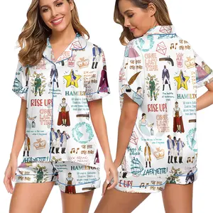 Women’s Satin Pajama Set | Short Sleeve Button-Down Sleepwear with Musical-Themed Print