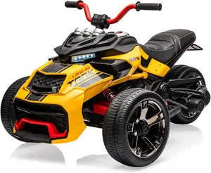 12V 3 Wheeler Ride on ATV Electric Motorcycle, Battery Powered Electric Vehicle w/LED Lights, High & Low Speed, Horn, Music, USB, Treaded Tires, Ride on Car for Kids Gift (Yellow-New)