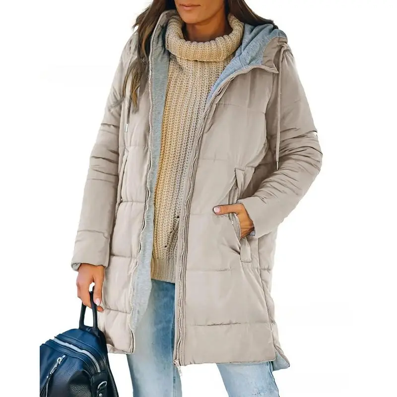 Womens Warm Puffer Down Jacket Hooded Winter Casual Lightweight Mid Quilted Coat with Pockets Womenswear Fashion Beige Fitted Outerwear