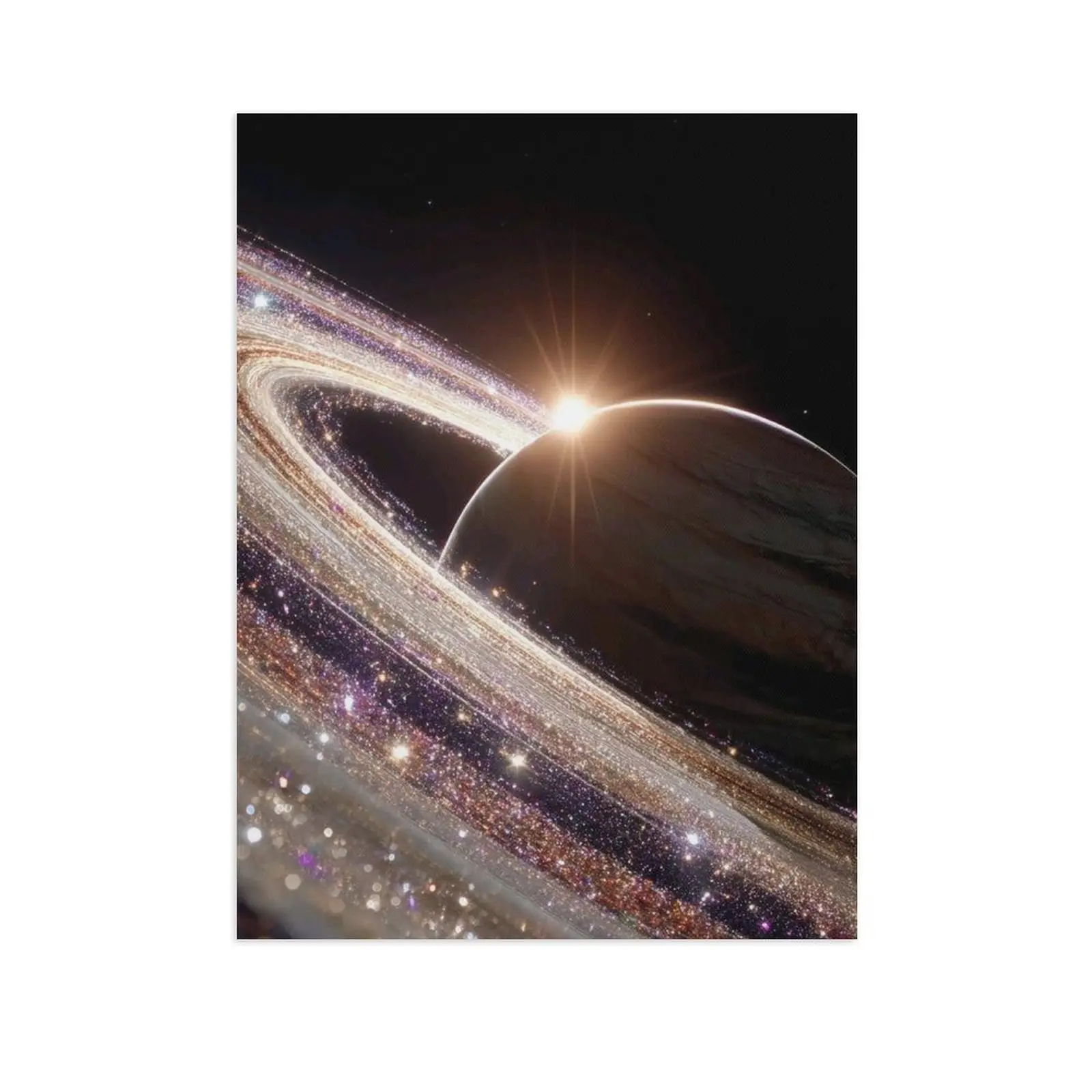 Majestic Ringed Planet Canvas Wall Art Cosmic Glowing Rings Bright Star Deep Space Nebula Universe Astronomy Modern Minimalist Decor Unframed Print
