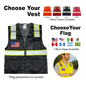 Custom High Visibility Reflective Safety Vest with Flag on Front Pocket