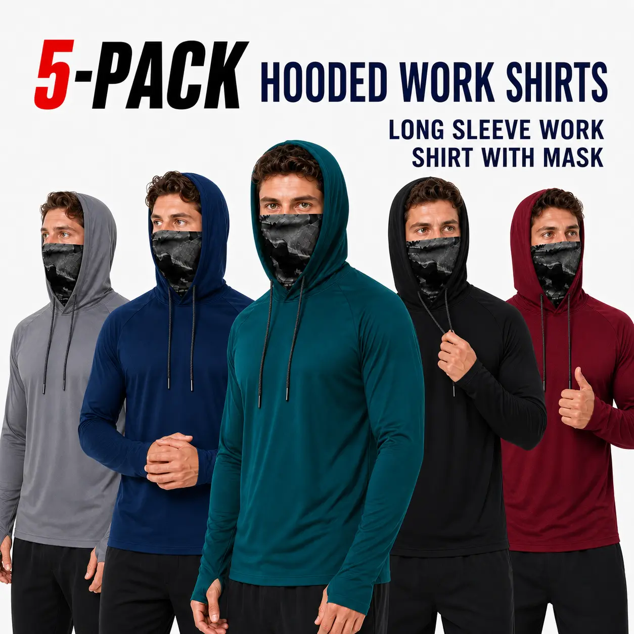 5-Pack Camisas para Hombres de Trabajo con Capucha y Cubierta Facial Integrada, Manga Larga, Ligeras y de Secado Rápido para Protección Solar, Construcción, Pesca y Exterior