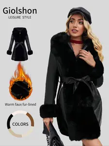 Women's Winter Faux Fur Coat with Belt, Fitted PU Patchwork Hooded Long Sleeves Jacket, Elegant Casual Chic Warm Outerwear Waistcoat for Fall & Winter, Womenswear