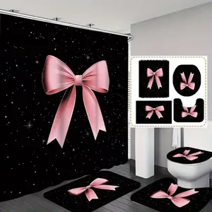 1/4pcs Creative Black and Pink Bow Pattern Shower Curtain Set, Bathroom Decoration Accessories, includes non-slip mat, U-shaped rug, toilet seat cover, and bathroom accessory. Perfect for bathroom décor, partitioning, and beautifying the space