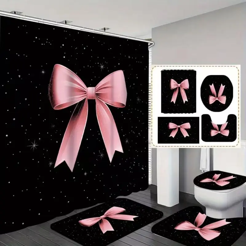 1/4pcs Creative Black and Pink Bow Pattern Shower Curtain Set, Bathroom Decoration Accessories, includes non-slip mat, U-shaped rug, toilet seat cover, and bathroom accessory. Perfect for bathroom décor, partitioning, and beautifying the space
