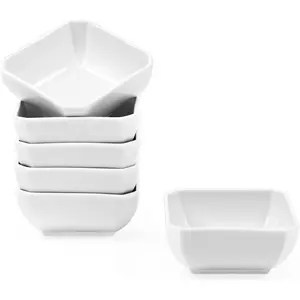 Square Dipping Bowls Set of 6, 6 Oz Small Porcelain Sauce Bowls for Side Dishes, Appetizers, Snacks, Baking & Dessert, White, Oven Safe