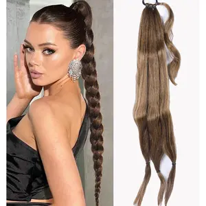 Long Braid Ponytail Extension With Hair Tie 32 Inch Straight Wrap Around Elastic Band with Pony Tail Synthetic HairPieces for Black Women Daily Wear Dark Brown Mixed Honey Blonde Braided