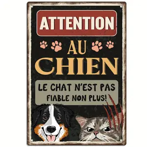 1 Piece of Putuo Decor French Vintage Metal Tin Sign, Note: Beware of the Dog, and the Cat Cannot Be Trusted Either, 12x8 Inches | Durable Iron Wall Art for property Home, Bars, Cafés and Garages | Farmhouse Front Porch, Backyard Wall Decorations