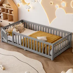 Twin/Full/Queen Size Floor Bed with Safety Guardrails and Door, Solid Wood Montessori Floor Bed with Slats